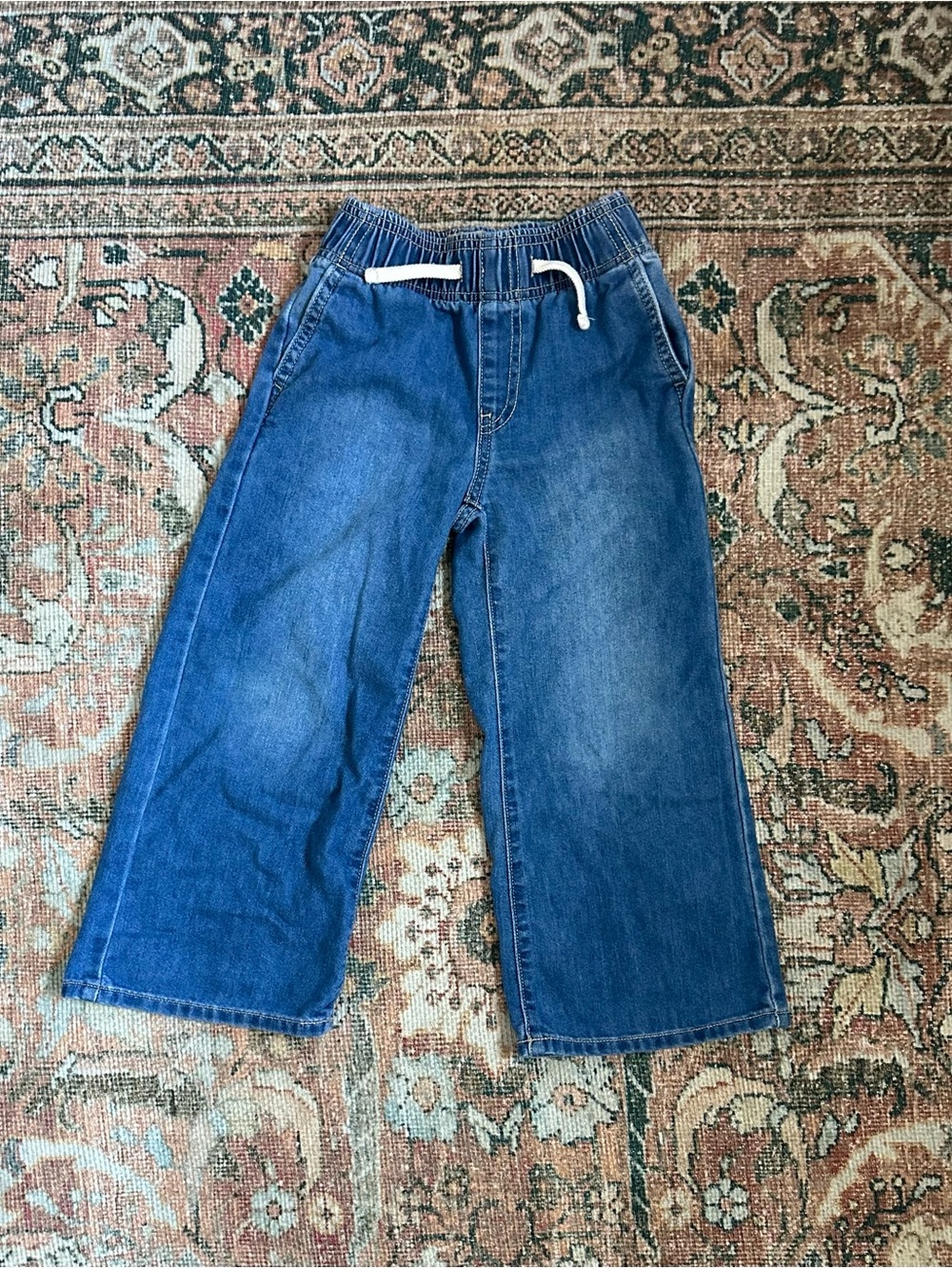Old Navy Kids Wide-Leg Pull-On Jeans in Medium Blue with White Drawstring